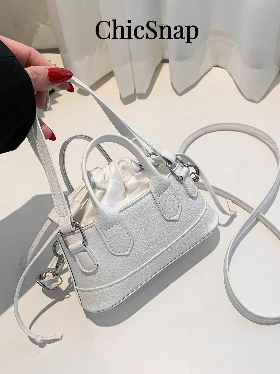 時尚純色pu拉繩迷你手提包,金屬色,斜挎貝殼形女包 - 白色 - 查看 1