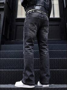 Men's Denim Flare Jeans, Skinny Fit Pants, Distressed Flare Jeans With Patches, Y2K Stacked Jeans, Contrast Washed Embroidered Jeans, Suitable For All Seasons - Black - View 3