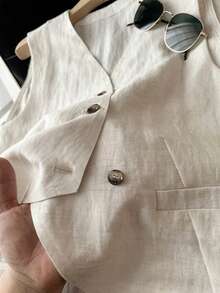 女士休闲舒适亚麻混纺V领宽松不对称设计无袖西装外套和裤子套装 - 米色 - 查看 4