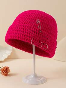 1 peça Unissex de Crochê Feito à Mão, Cor Sólida, Broche Removível, Gorro de Tricô Vazado, Estilo Urbano Moderno, Gorro de Inverno Quente - Multicolorido - Ver 4