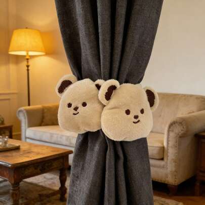Cute Bear & Rabbit Window Curtain Tie Backs, 3D CP Style, Healing Soft Decor For Bedroom & Living Room, Practical & Adorable Curtain Holder