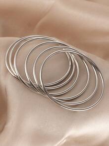 6pcs Stackable Bangle Bracelets, Vintage Minimalist Style, Iron Material, Suitable For Daily Wear - Silver - View 5