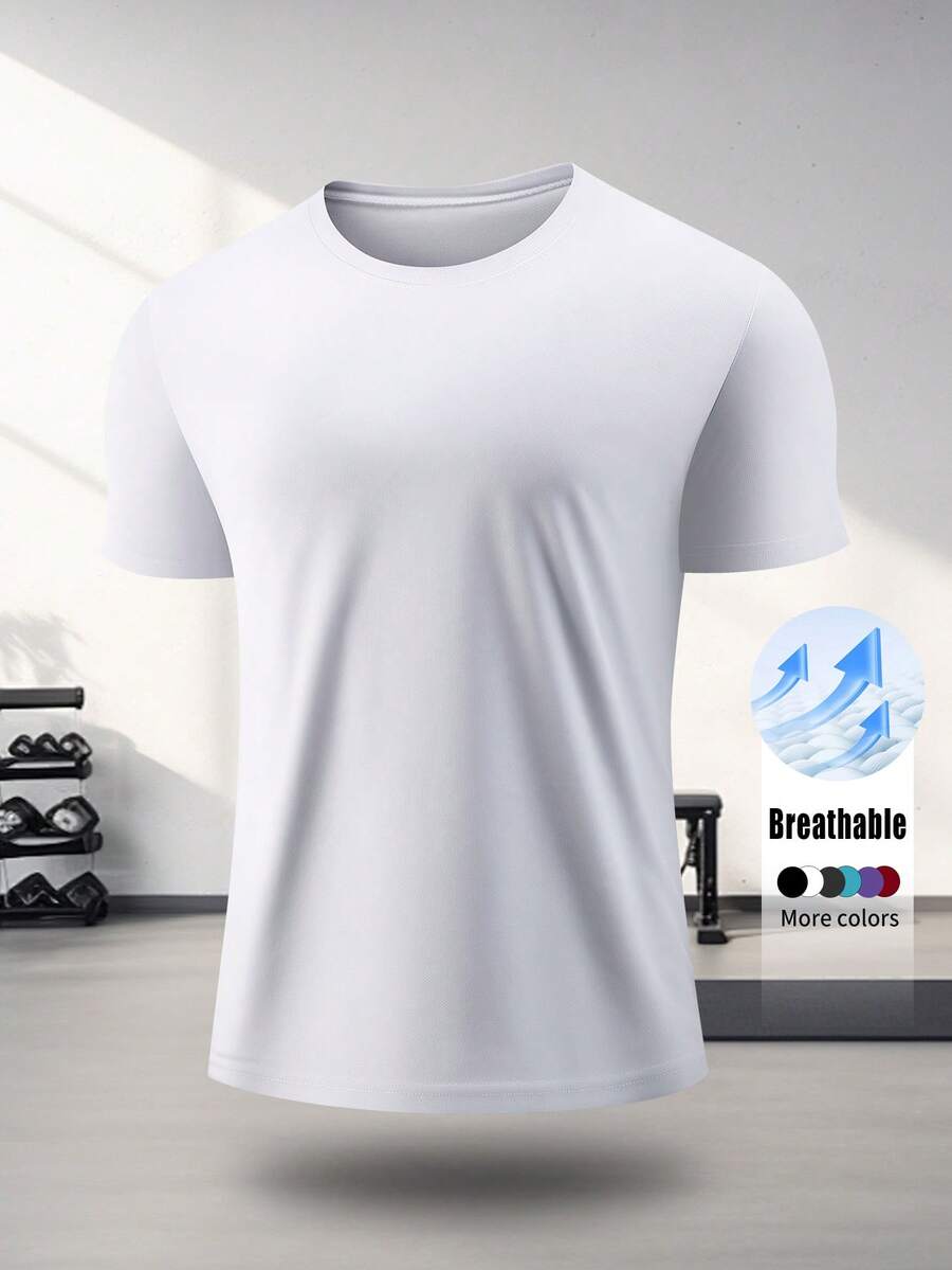 Men's Quick Dry Sports T-Shirt, High Elasticity Breathable Short Sleeve Top, Suitable For Fitness, Running, Training And Casual Wear White Summer