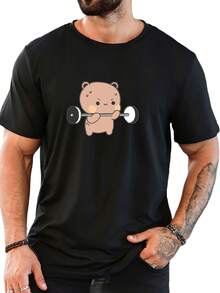 Camiseta Casual de Verano de Manga Corta con Diseño de Un Oso Masculino Levantando Pesas. - Negro - Ver 12