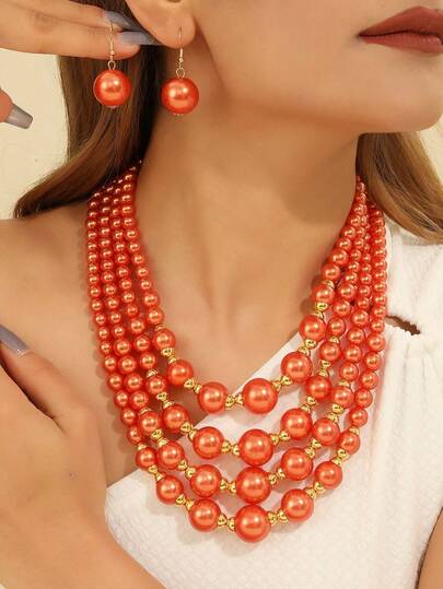 Abartılı Çok Katmanlı Kedi Kuyruğu El Yapımı Boncuklu Sahte İnci Kolye, Retro Günlük Kazak Zinciri, Küpeler