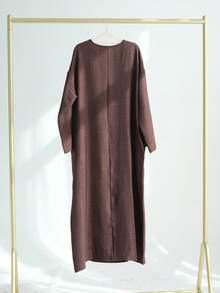 Ramadan Dubai Turkish Solid Color Casual Long Sleeve Robe With Slit Cuffs And Tie Waist, Loose Fit Abaya For Women Spring Brown Fall - Brown - View 4