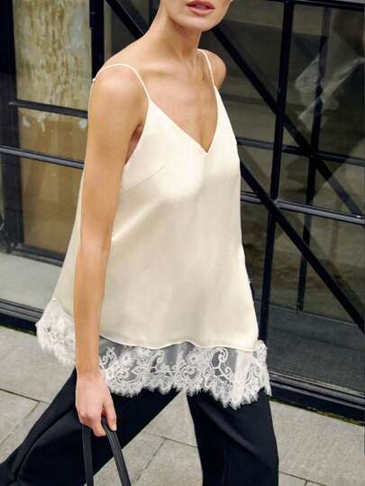 レディース エレガントサテンキャミソール、レースパッチワーク スプリットヘム ファッショナブルノースリーブトップ、無地オープンバックレーススプライス スタイリッシュストリートウェアカジュアルデートウェア、夏