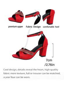 Women's New Black Crystal High Heel Thick Heel Closed Toe Strap Buckle Sandals, Elegant Party & Holiday Style, Spring/Summer - Red - View 7