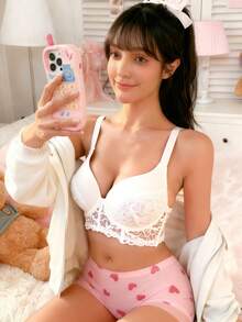 Women's Sexy Lace Bra, Deep V Comfortable Backless Full Cup Underwire Push Up Bra, Lace Small Bust Lift Up Prevent Sagging Bra, Apricot - White - View 4