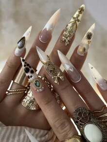 10 Pcs Handmade Press On Nail Set Stiletto Maximalism  Nails, Featuring Nude Pink, White And Black Colors, Decorated With 3D Crosses, Bows, Gemstones And Leopard Print Patterns. They Are Perfect For Women And Girls' Daily Makeup, And Also Suitable For Parties, Ceremonies And Other Occasions. The Nail Set Is An Excellent Gift For Women And Girls. - 彩色 - 查看 10