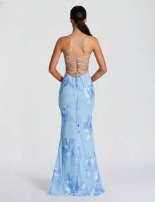 优雅奶油色亮面花卉刺绣露背正式晚礼服，适合晚宴、周年纪念、毕业典礼、正式晚宴等场合。 - 淺藍色 - 查看 3