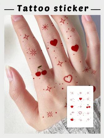 1 st. rött hjärta, körsbär, stjärnexplosion, flickaktigt, sött och gulligt, minifingertatueringsklistermärke, lämplig för flickor, vattentätt, svettåligt och tvättbart