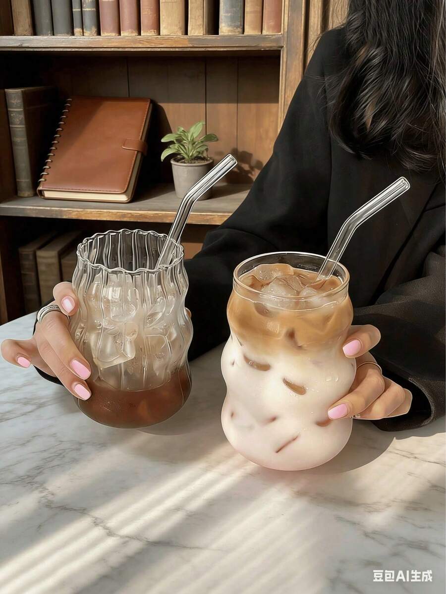 1件 550ml 壓紋飲水杯，獨特咖啡杯，美學茶杯，條紋玻璃杯適用於冰咖啡和飲品，現代玻璃器皿，夏季飲具，適合居家、咖啡廳、旅行，時尚咖啡或茶杯，送給飲品愛好者的絕佳禮物