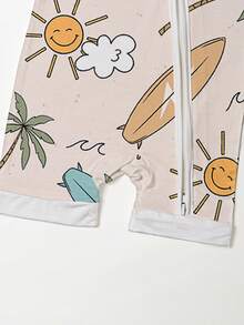 Baby Bamboo Fiber Zip-Up, Sun Coconut Trees Skateboarding Vacation Short Sleeve Romper, Summer Knit Fabric Skinny Fit With Zipper Detail, Boy Baby Girl Clothes, Perfect For Outdoor - 米色 - 查看 4