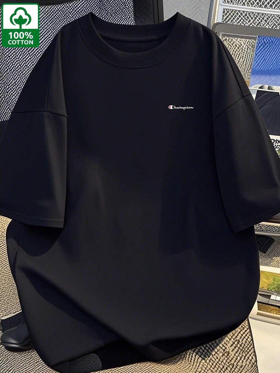 Men's Retro T-Shirt 100% Cotton - Short Sleeve With Crew Neck And Minimalist Print On The Chest, Breathable & Soft Fabric, Machine Washable, Versatile For Casual Wear (CB01), Relaxed Fit, Simple Back Design, Comfortable Clothing - màu đen - Xem 1