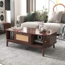 Coffee Table - Rattan Coffee Table, Drawers With Rattan And Sliding Doors With Solid Wood Slats, Solid Wood Legs, Natural Country Style. - Natural Color - View 4