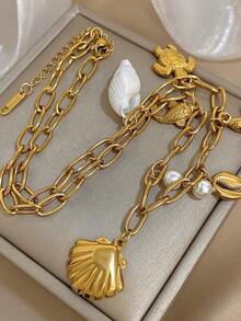 Ocean-Themed Gold Necklace With Seashell, Starfish, And Turtle Pendants - Beach-Inspired Jewelry, Perfect For Everyday And Vacation Wear, Elevates Your Holiday Look, Valentine's Day Gift, Unisex - Multicolor - View 1