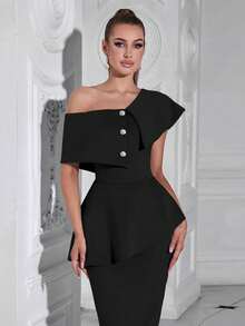 Bandage Women's Fitted Sexy Button Layered Dress - Black - View 5