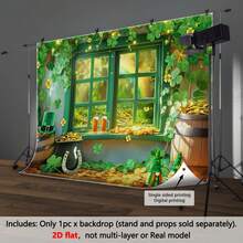 2D Green Clover Forest Window Scenery Polyester Photography Backdrop, Irish Shamrock Leprechaun Gold Coins, Lucky Horseshoe Green Hat, St. Patrick's Day, Indoor/Outdoor Birthday Party Decor