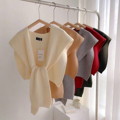 2pcs Solid Color Wool Blend Knitted Shawl Collar Decor Sleeveless Cardigan For Women, Fashion Shoulder Wrap (No Tag On Actual Item)