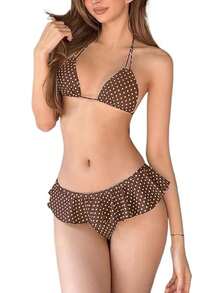 Women Polka Dot Bikini Set Halter Triangle Top With Ruffle Skirt Bottom Two Piece Swimsuit For Summer Beach - Brown - View 1