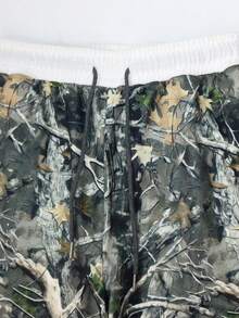 SRoinpar Women's Wide-Leg Camouflage Pants With Maple Leaf Print - Streetwear Casual Style Elastic Waistband Drawstringfor Daily Casual Loose Versatile - Army Green - View 5