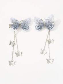 2个装女士简约优雅灰色蝴蝶流苏发夹，适合日常、节日和派对佩戴，爪夹、发夹、发卡、头饰、女士发饰、发卡 - 灰色 - 查看 7