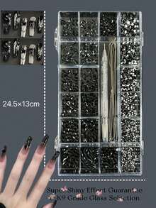 KIRAME 21-Grid DIY Nail Art K9 Glass Black Flat Bottom Rhinestone Set - 30pcs High Gloss Rhinestones Per Style, Includes 1 Dotting Pen, 2 Nail Chains, Nail Gems, Suitable For Nail Salons, Home Manicure, Nail Supplies, Christmas, New Year, Valentine's Day Nails, Holiday Gifts, Also For Crafts, Clothing, Textiles, Shoes, Glassware, Jewelry Making - Multi-Size Shiny Decorations - 黑色 - 查看 3