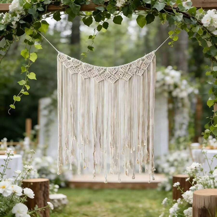 1pc Macrame Wall Hanging, Boho Style Wall Decor Tapestry, Handmade Macrame Valance Fringe Curtain, Wedding Backdrop, Headboard Decor - Beige - View 1
