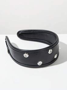 1pc Solid Color Faux Leather Fabric Wide Headband, Fashionable Hip-Hop Style Metal Accent Decor Hair Accessory For Daily Wear,Travel,Birthday - Black - View 3