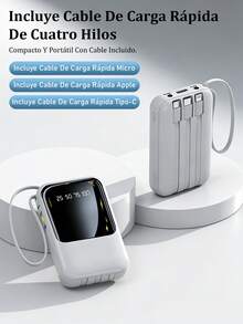 Mini Cargador Portátil Rápido de 20000Mah 5V2A, Cargador de Teléfono Multifuncional de Alta Capacidad, Cable Desmontable 4 en 1, Luces LED Ultra Brillantes, Batería Esencial para Viajes, Pantalla Inteligente Digital, USB-C - Blanco - Ver 3