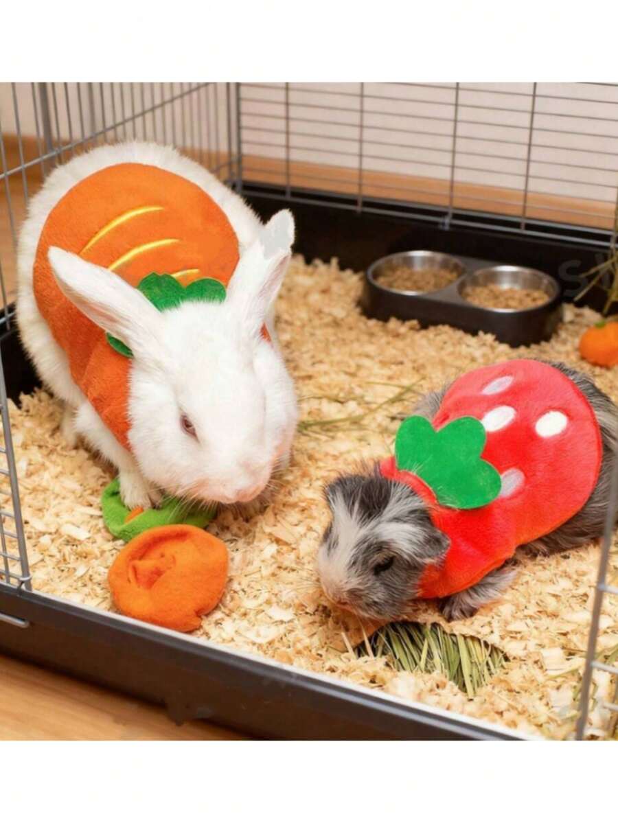1pc Coral Fleece Carrot & Strawberry Shaped Autumn/Winter Warm Rabbit/Guinea Pig Vest, Soft & Comfortable Cartoon Pet Clothing - Multicolor - View 1