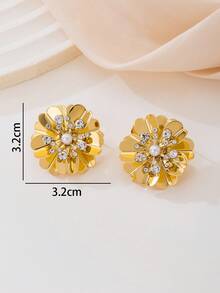1 paire de boucles d'oreilles à fleurs vintage à double couche en faux cristal perlé avec finition métallique brillante. Bijoux pour femmes pour la Saint-Valentin - Or jaune - Voir 5
