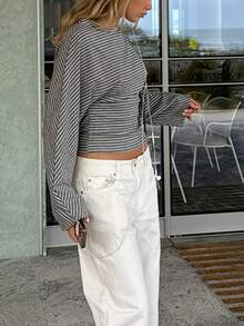 Women's Comfortable Regular Length Striped Knit Long Sleeve Crew Neck T-Shirt With Cinched Hem Detail