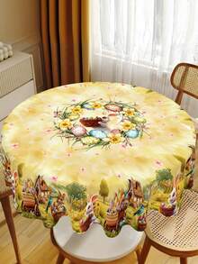 1pc Spring Easter Tablecloth, Polyester Farmhouse Style Rectangular/Round Easter Tablecloth Decorated With Rabbits, Eggs And Floral Patterns, Creating A Joyful Easter Atmosphere, Suitable For Home Kitchen Dining Table Decor, Adding Spring Holiday Vibe. - Multicolor - View 11