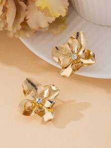 1对奢华金属质感复古水钻装饰双层花朵耳钉，女士款，金色