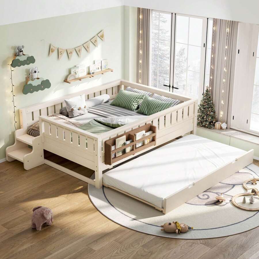 FUNIDEE Full Size Platform Bed With Trundle, Platform Bed Frame With Built-In Bookshelves And Rounded Small Staircase, Bed Frame With Guardrails For Kids - Màu be - Xem 1