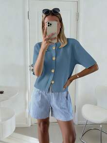 女士时尚法式柔软蜡感宽松针织开衫，女士宽松短款针织毛衣上衣，春夏款 - 霧霾藍 - 查看 1