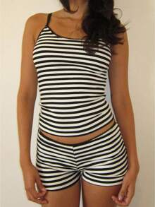 Women Pajamas Set 2 Pieces Loungewear Suits Dot Print/Stripe Sleeveless Cami Tops And Shorts Sleepwear Outfits - 白色 - 查看 1