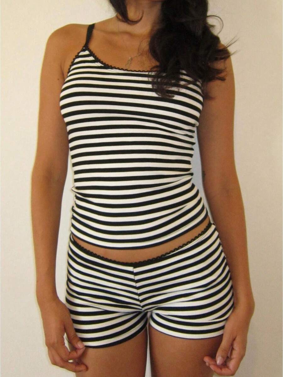 Women Pajamas Set 2 Pieces Loungewear Suits Dot Print/Stripe Sleeveless Cami Tops And Shorts Sleepwear Outfits - 白色 - 查看 1