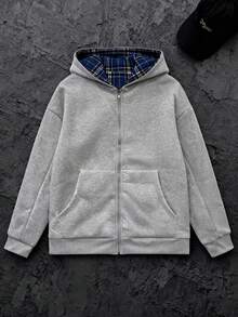Men Reversible Hooded Jacket Solid Color And Plaid 2 In 1 Lightweight Zip Up Coat Two Sides Streetwear For Fall - 灰藍色 - 查看 2