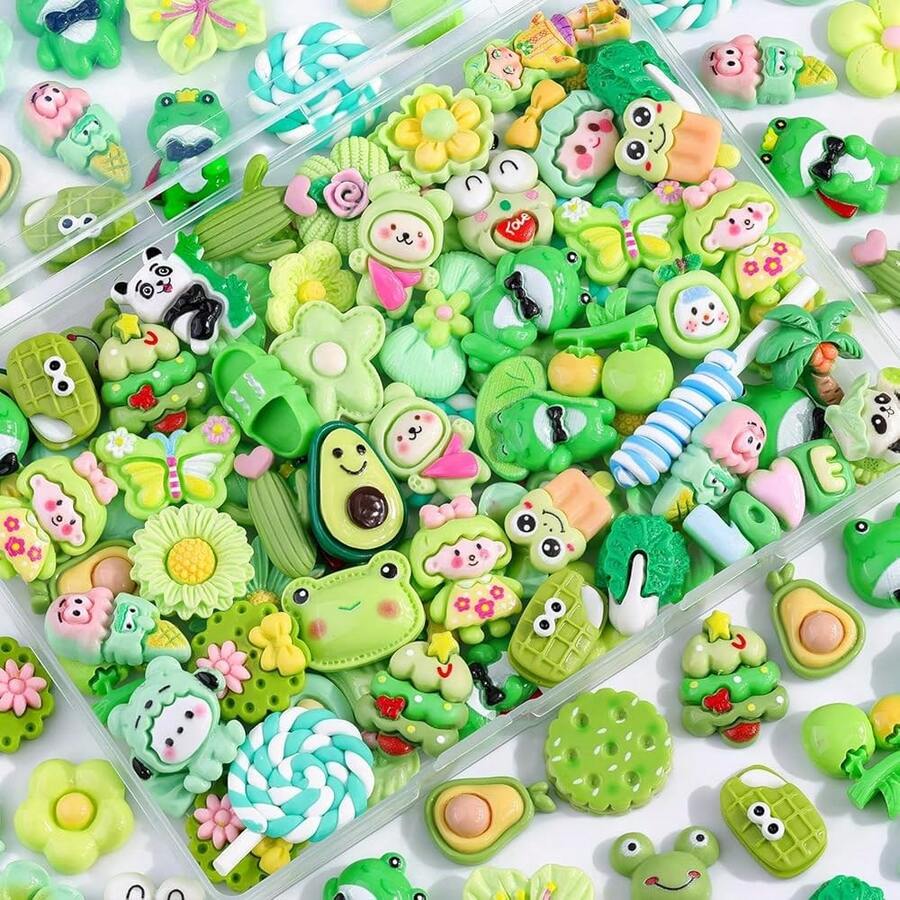 100Pcs Green Slime Charms Assorted Cute Decoden Embellishments, Kawaii Slime Accessories,Candy Heart Bear Bulk Flatback Resin Charm For Phone Junk Cases,ScrapbooFKing Crafting & DIY Decoration - 綠色 - 查看 1