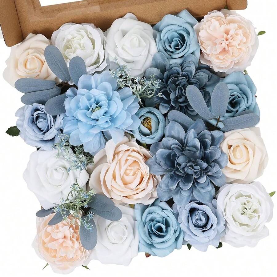[Free Shipping]Artificial Flowers Combo Box Blue Fake Flower Bouquet Set For Wedding Centerpieces Arrangements Bridal Shower Birthday Party DIY Decorations - Biru muda - View 1