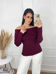 Women's Off-Shoulder Knit Sweater With Long Ribbed Sleeves, Modern Casual Style, Winter Fashion. - Redwood - View 4