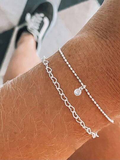 Nooxian Set de 2 pulseras con cadena de cuentas de cobre de lujo, estilo apilable con dije de corazón, adecuado como regalo para niñas