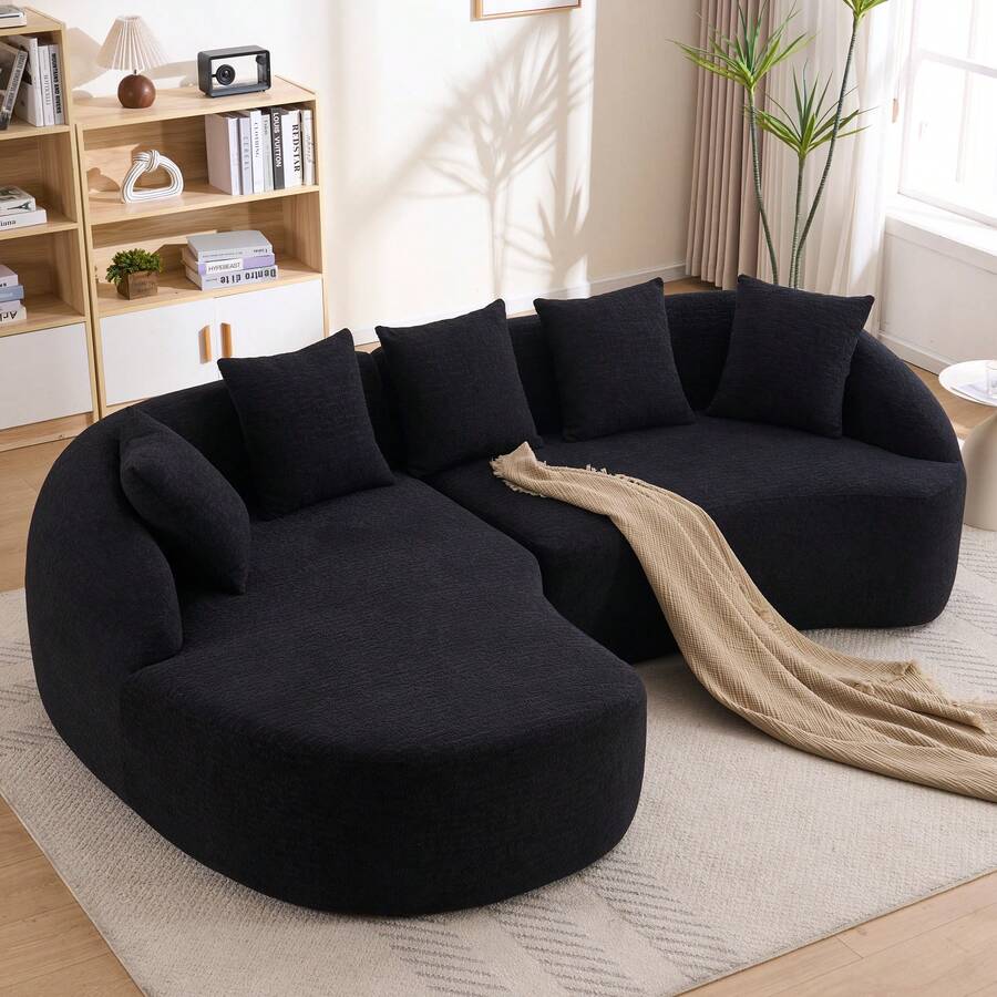 YOGLAD Compression L-Shaped Modular Sectional Sofa With Curved Chaise, Boneless Cloud Couch Sleeper, Black Chenille Upholstered Deep Seat Floor Sofa With Wide Armrests, Raised Backrest & 30D High-Density Foam For Living Room, Apartment & Lounge - 黑色 - 查看 1