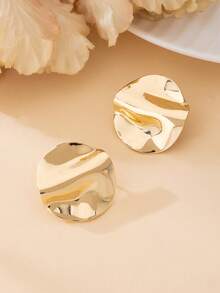1 Pair Fashionable Versatile Simple Classic Metallic Crinkle Geometric Round Stud Earrings For Women - Yellow Gold - View 3