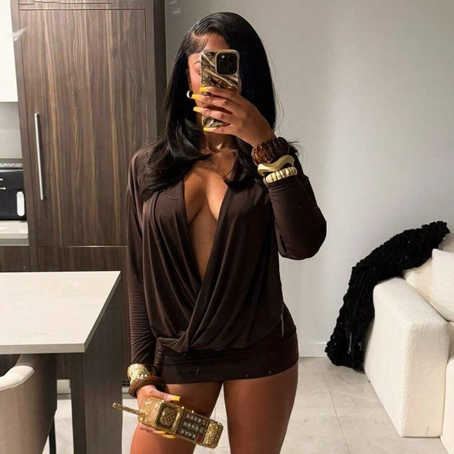Women's New Sexy V-Neck Slim Bottom Stitching Long-Sleeved Dress - Brown - View 1