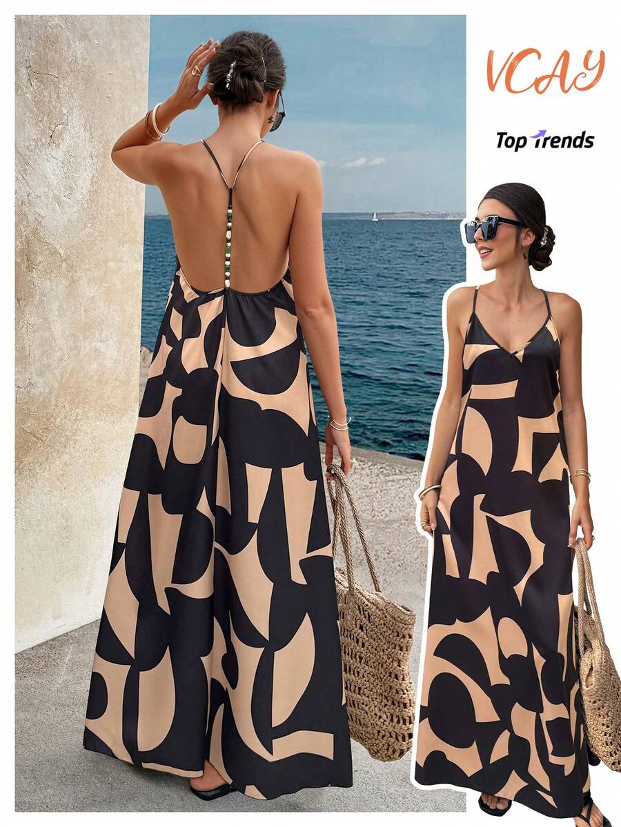 Doriss 女士露背串珠扎染印花吊带裙 夏季派对优雅 - 彩色 - 查看 1