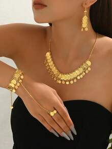 4 件套优雅复古风格流苏项链、硬币吊坠、耳环、手链首饰套装，适合派对、通勤 - G - 查看 8